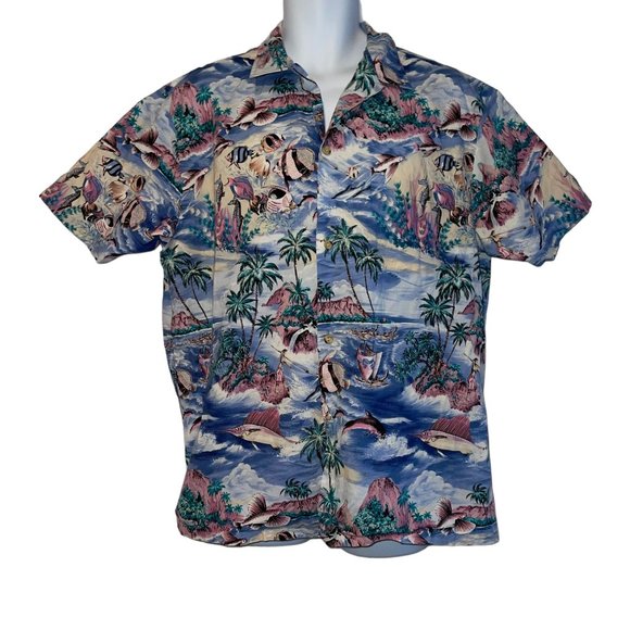 Vintage RJC Hawaiian Fish Reef Shirt Mens L Marlin Shell Colorful Beach Aloha - Picture 1 of 11